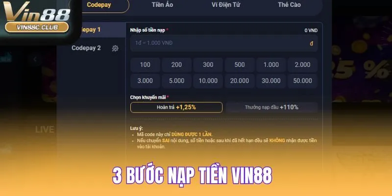 VIN88 hỗ trợ nạp tiền nhanh chóng, an toàn